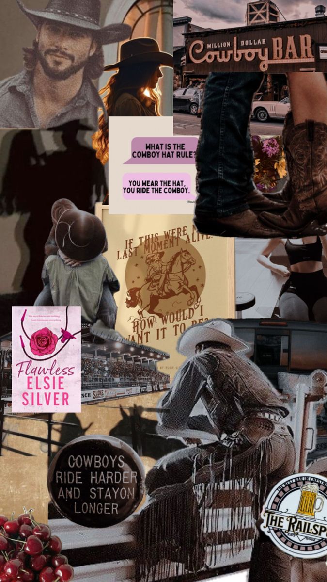 collage of cowboy boots and other items in various pictures with words on them, including an image of a cowgirl