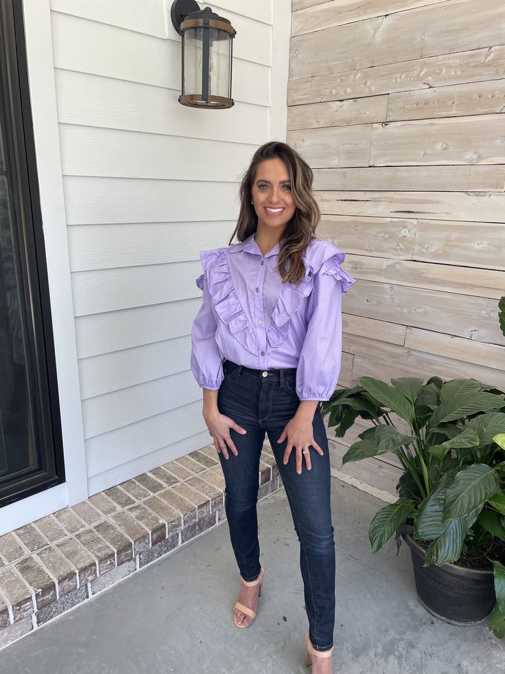 IMG_1673.jpg Chic Lavender Top With Ruffles, Chic Lavender Tops With Ruffles, Chic Lavender Ruffled Top, Lavender Ruffled Tops For Spring, Spring Lavender Ruffled Tops, Purple Ruffle Sleeve Spring Top, Purple Tops With Ruffles And Ruffled Collar, Purple Ruffled Blouse For Day Out, Chic Purple Blouse With Button Closure