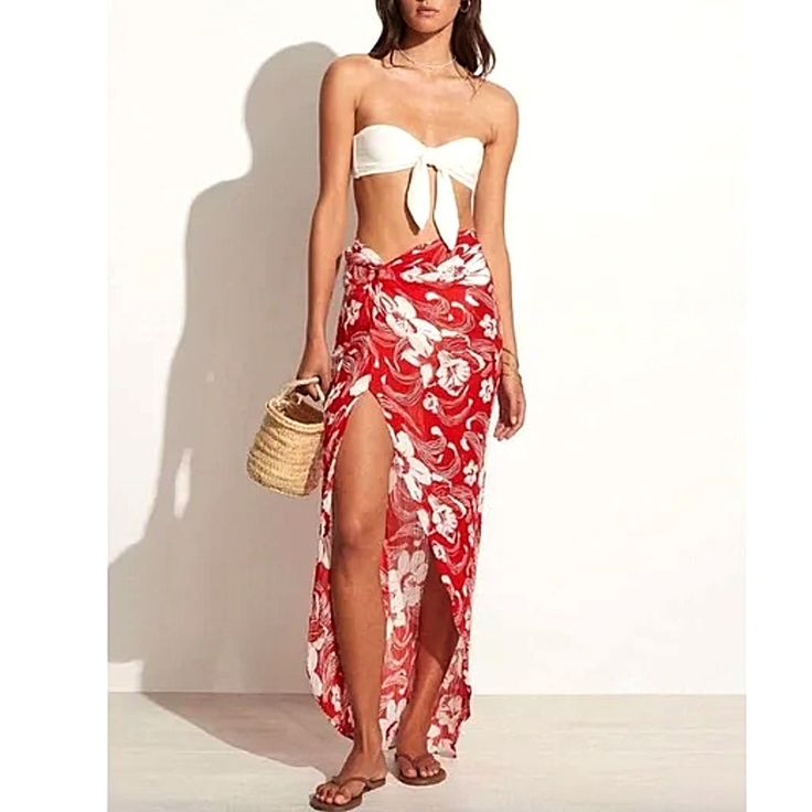 Faithfull The Brand Womens Red And White Floral Tropical Print Sarong Midi Skirt Swim Cover Up. New With Tags. Womens Us Size 6. Back Half Of Waistband Is Elastic. Other Fabric Has No Stretch. See Photos For Approximate Measurements. Orders Are Shipped In 1-3 Business Days After Purchasing. Discounted $5.95 Shipping Automatically Applied At Checkout. Orange Floral Skirt, Green Floral Skirt, Floral Wrap Skirt, Long Floral Skirt, Midi Wrap Skirt, Fit And Flare Skirt, Swimming Bathing Suits, Floral Maxi Skirt, White Halter Maxi Dress