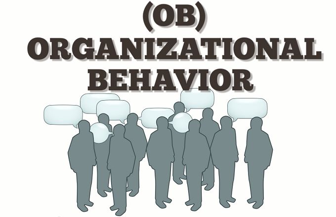 the words organizational behavior surrounded by silhouettes of people with speech bubbles in front of them