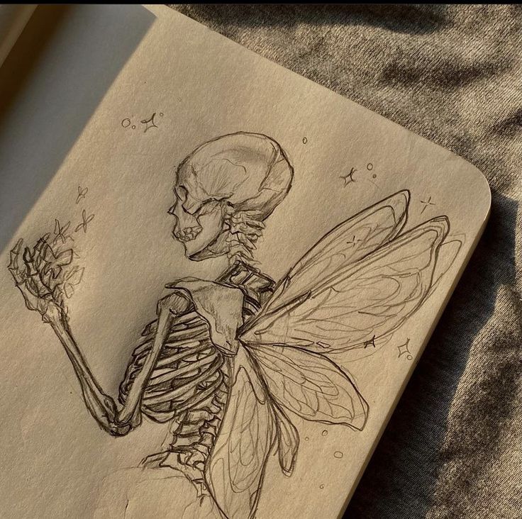 a drawing of a skeleton holding a flower in it's hand and wearing a butterfly wings