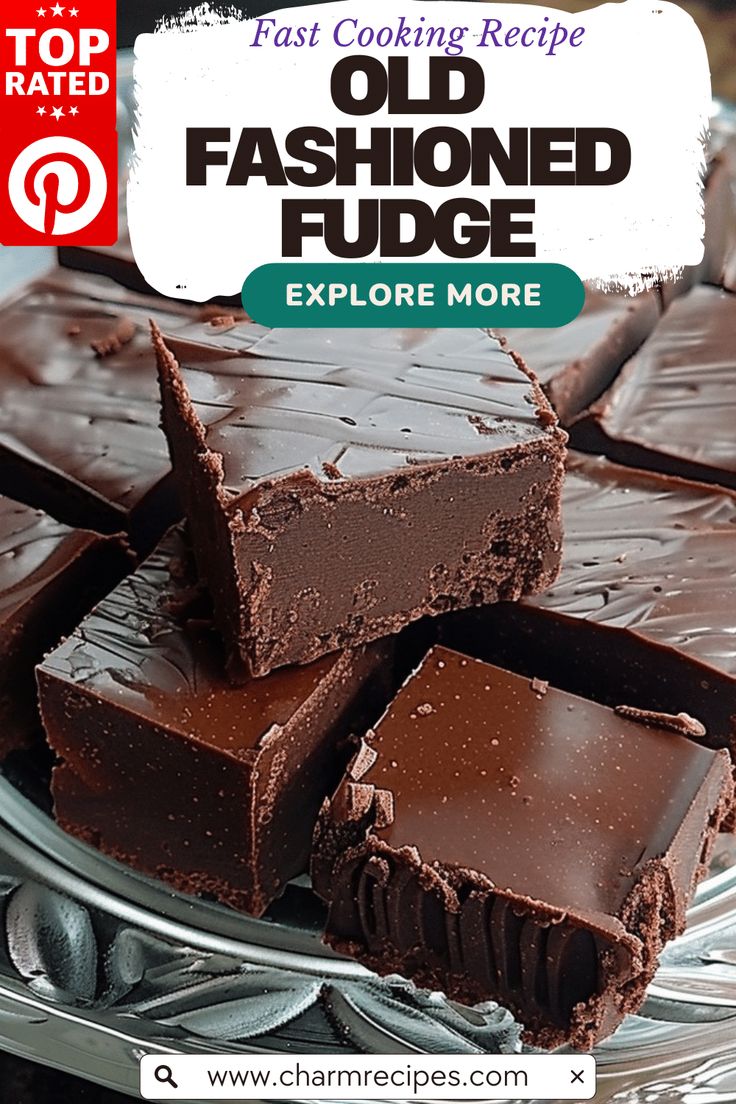 chocolate fudge on a plate with the title, fast cooking recipe old fashioned fudge explore more