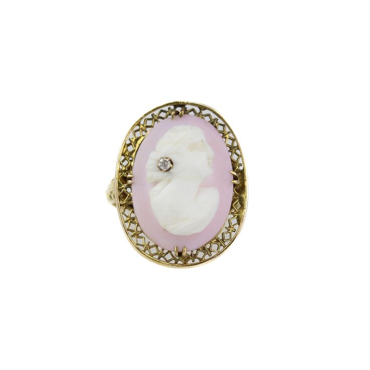 "Antique Art Deco 14k Gold Pink Shell Cameo Ring Size 6.5.  Stamped 14k on shank.  Features small diamond as an earring on the cameo. Ring is a size 6.5, measures 7/8\" long. Good vintage condition." Fine Jewelry Diamond Intaglio, Fine Diamond Intaglio Jewelry, Fine Jewelry Diamond With Intaglio Detail, Diamond Intaglio Jewelry, Round Diamond Intaglio Jewelry, Elegant Oval Cameo Jewelry, Heirloom Diamond Jewelry With Intaglio, Formal Yellow Gold Cameo Jewelry, Cameo 14k Gold Round Jewelry