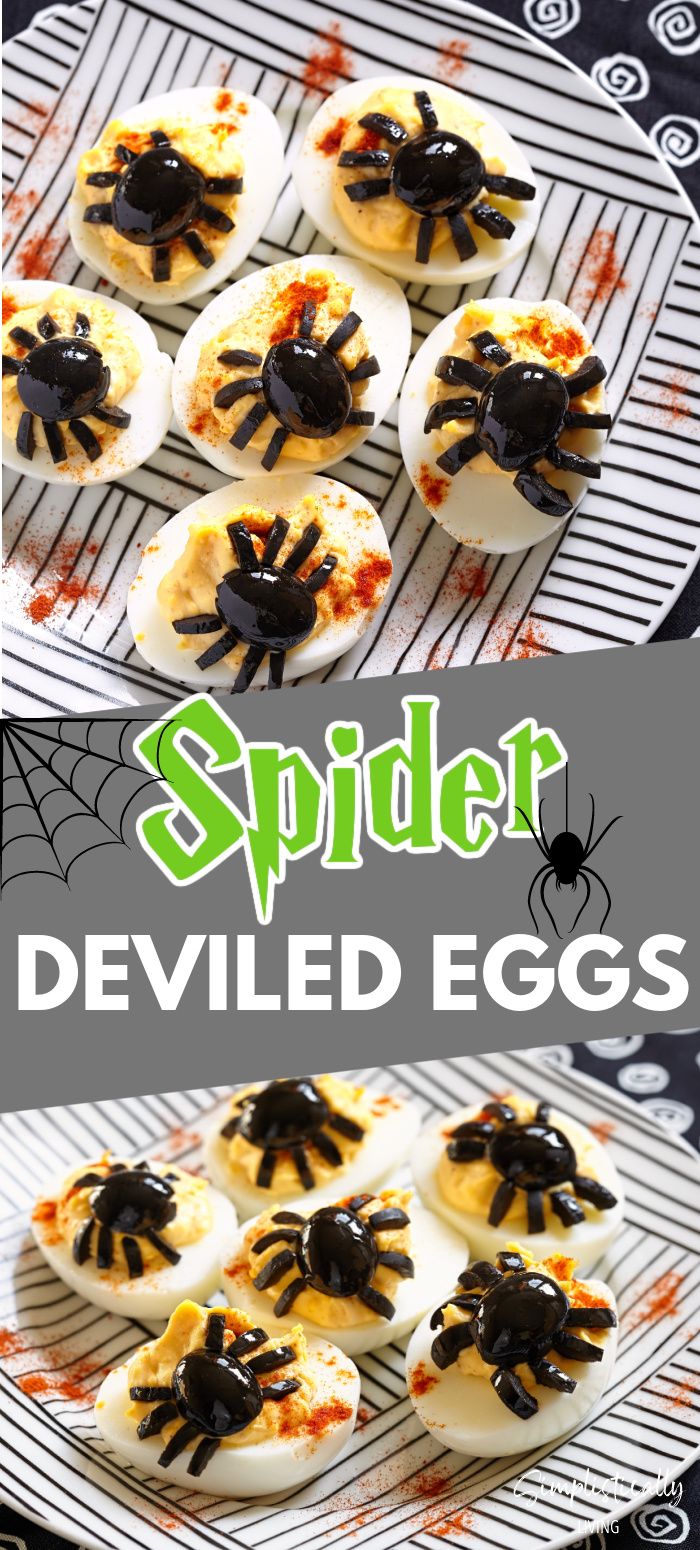 spider deviled eggs on a plate with the words spider deviled eggs above them