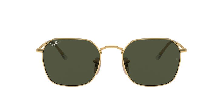 Ray-Ban Jim sunglasses are a unique and stylish choice for those seeking to make a statement. The irregular shape of the metal frame adds a touch of avant-garde design, while the polished gold finish gives it a luxurious feel. The green lenses add a pop of color that is sure to turn heads. These shades are not only fashionable but also provide excellent protection against the sun's harmful rays. Available with prescription lenses. Gold Polarized Square Frame Sunglasses, Gold Square Frame Sunglasses With Polarized Lenses, Trendy Gold Sunglasses For Outdoor, Gold Square Frame Metal Sunglasses, Modern Gold Sunglasses With Uv Protection, Classic Gold Sunglasses For Spring, Casual Gold Sunglasses With Gradient Lenses, Classic Gold Sunglasses For Outdoor, Modern Gold Sunglasses For Outdoor