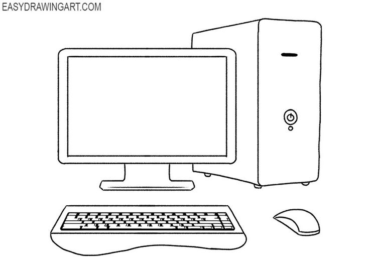 a black and white drawing of a desktop computer with a keyboard and mouse next to it