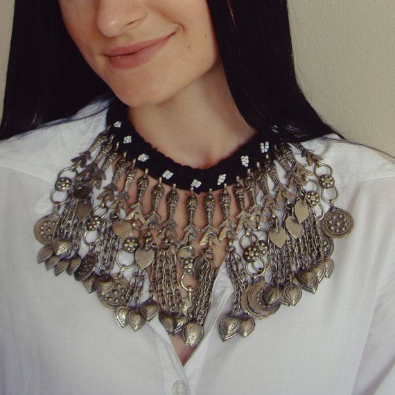 Vintage Tribal Afghan necklaceBohemian jewelry by NEELAMdisaign Unique Festival Necklace With Coin Pendant, Vintage Necklaces With Large Pendant For Festivals, Vintage Necklace With Large Pendant For Festivals, Handmade Vintage Coin Necklace For Festivals, Festival Vintage Charm Metal Necklaces, Bohemian Beaded Choker Necklace, Bohemian Pendant Choker, Handmade Bohemian Choker Necklace, Traditional One-of-a-kind Necklace For Festival