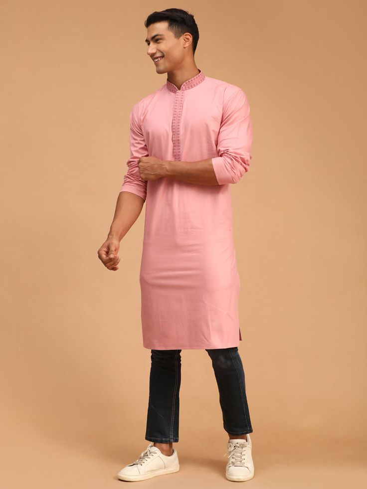 VASTRAMAY Men's Pink Cotton Blend Kurta This stylish pink kurta by VASTRAMAY is a perfect blend of comfort and style. Made from high-quality cotton blend fabric, it offers a relaxed fit that is ideal for everyday wear. The intricate design and fine detailing make it a versatile choice for both casual and festive occasions. Features: Color: Pink Fabric: Cotton Blend Fit: Regular Pattern: Solid Neck: Mandarin Collar Sleeve Length: Long Sleeves Occasion: Casual, Festive Specifications: Brand: VASTR Pink Kurta, Intricate Design, Pink Fabric, Pink Cotton, Mandarin Collar, Fabric Cotton, Everyday Wear, Cotton Blend, Relaxed Fit