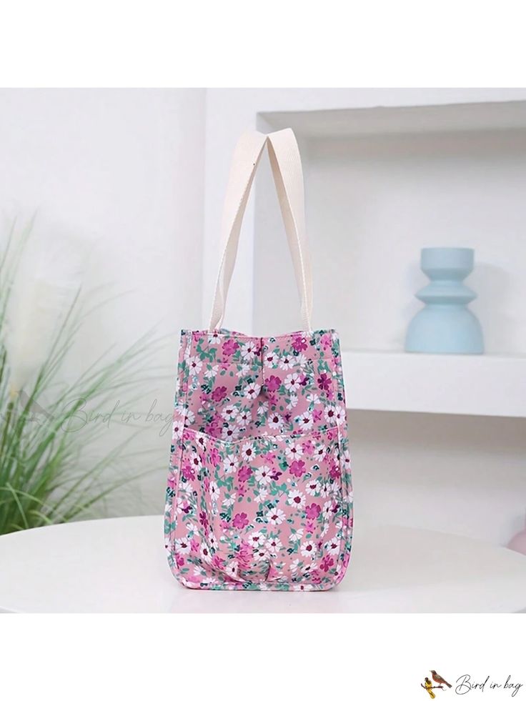 Bird in Bag - Chic Floral Graphic Tote Bag: Stylish Nylon Lunch Bag, Elegant Womens Handbag, and Versatile Bento Bag Spring Fabric Shopping Bag, Spring School Bags In Fabric, Spring Fabric Shoulder Bag, Spring School Fabric Bags, Spring Travel Bag Made Of Fabric, Fabric Travel Bag For Spring, Pink Fabric Bags For Summer, White Fabric School Bag, School Shoulder Bag In Fabric