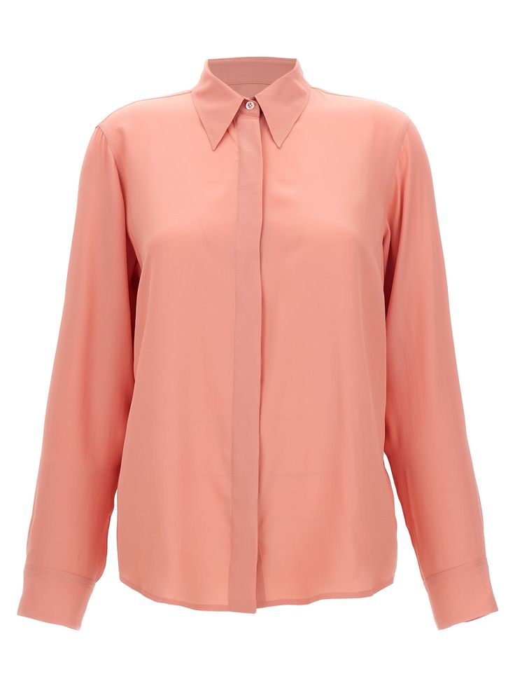 Cashmere', acrylic and silk blend shirt with covered button closure. Composition: 75% acrylic 25% silk Cropped Polo Shirt, Cropped Polo, Cotton Polo Shirt, Formal Style, Dries Van Noten, Pink Blouse, Pink Shirt, Office Fashion, Party Fashion