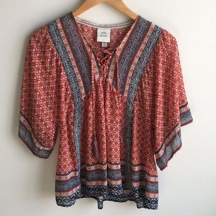 Nwt Xs Knox Rose Top From Target | Tassel Ties In The Front | Smoke-Free Home | Colors Are Rusty Red, Orange, Blues, And White | Although I’ve Never Worn It, I Noticed A Slight Fraying On The Bottom Left Portion Summer Red Boho Print Top, Red Boho Print V-neck Top, Red Boho Print Tops For Vacation, Casual Spring Boho Print Tops, Red Bohemian Tops For Spring, Home Colors, Knox Rose, Flowy Top, Flowy Tops