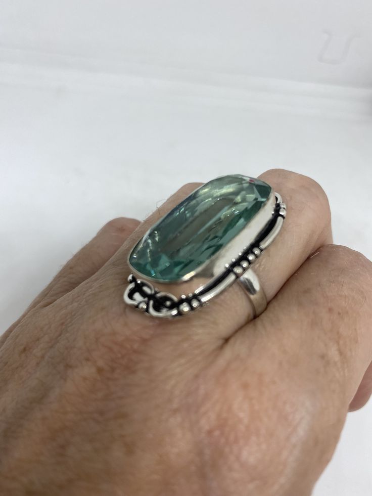 Large brilliant aqua antique glass Ornate German Silver Vintage ring, does not tarnish Size 7.25 My jeweler will re size for a $10-$20 fee All rings are shipped in a nice gift box. Check out our over a THOUSAND great reviews Engraving is $4 per letter and is not always perfect depending on the piece. It can take a few days if the jeweler is busy. This is payable to Paypal Judithsltd@gmail.com Unique Handmade Aquamarine Rings, Unique Aquamarine Rings For Gift, Unique Aquamarine Rings For Gifts, Vintage Aquamarine Oval Ring, Vintage Oval Aquamarine Ring, Handmade Turquoise Aquamarine Ring, Unique Aquamarine Ring Jewelry, Green Aquamarine Ring For Gift, Green Aquamarine Rings As A Gift