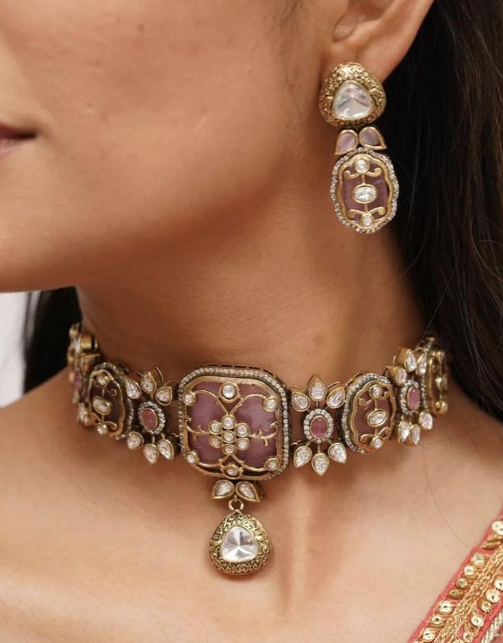 Victorian Kundan choker with pink/Red colored stones and Kundan and Zirconia Necklace with matching earrings The Necklace has adjustable Dori. The Earrings Have Pushbacks. Comes in few colors Indian Wedding Necklace, Desi Jewelry, Kundan Choker Necklace, Indian Choker, Kundan Jewellery Set, Pink Choker, Wedding Necklace Set, Sabyasachi Jewellery, Kundan Choker