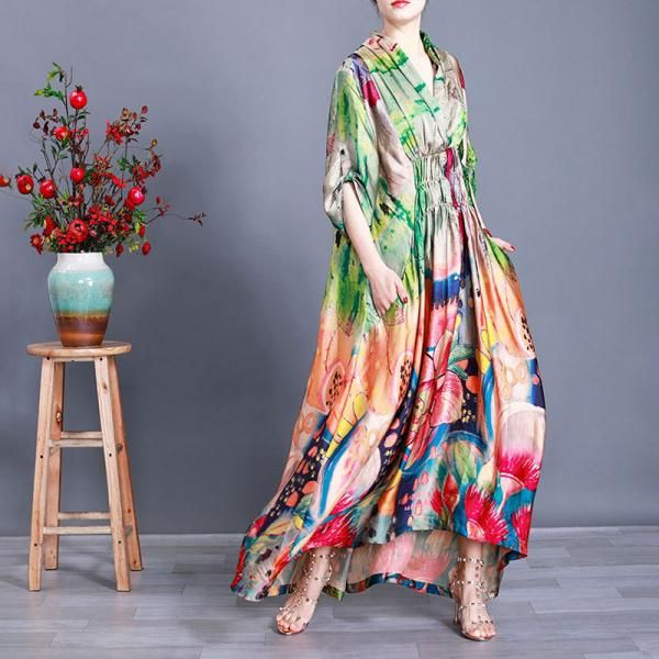 Multicolor A-line Maxi Dress For Fall, Spring Floral Print Free Size Maxi Dress, Multicolor Bohemian A-line Maxi Dress, Bohemian Multicolor A-line Maxi Dress, Casual Long Multicolor Dresses, Free Size V-neck Dress For Spring, Free Size V-neck Spring Dress, Free-size V-neck Spring Dress, One Size Casual Spring Maxi Dress