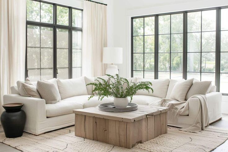 a living room filled with white furniture and large windows in the back drop off wall