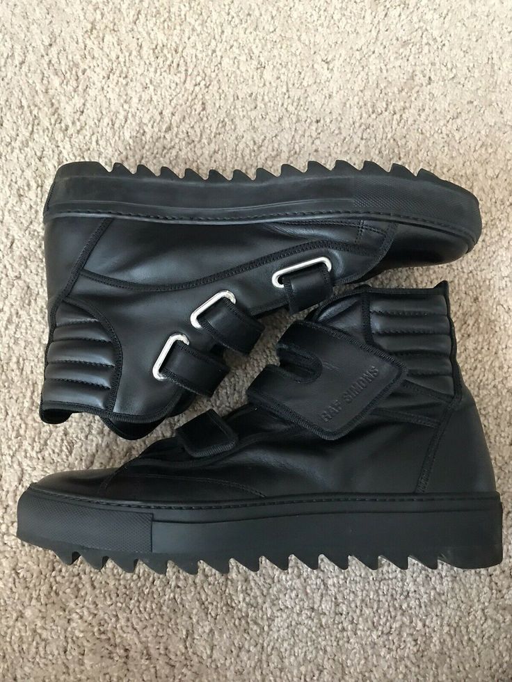 Raf Simons Shoes, Raf Simons Sneakers, Raf Simmons, Rare Shoes, Velcro Sneakers, Raf Simons, Platform Boots, All Black Sneakers, High Tops