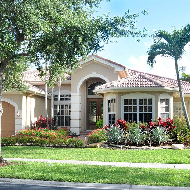 a house with palm trees and flowers in the front yard