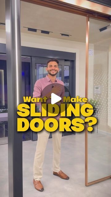 a man standing in front of a glass door with the words what makes sliding doors?