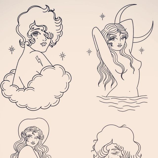 four different drawings of women with long hair and moon in the sky, one holding a surfboard