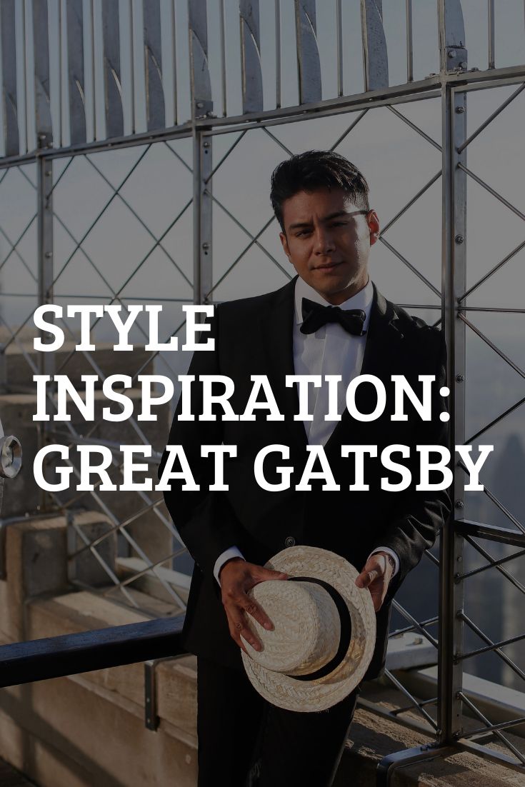 a man in a tuxedo and bow tie holding a hat with the words style inspiration great gatsby