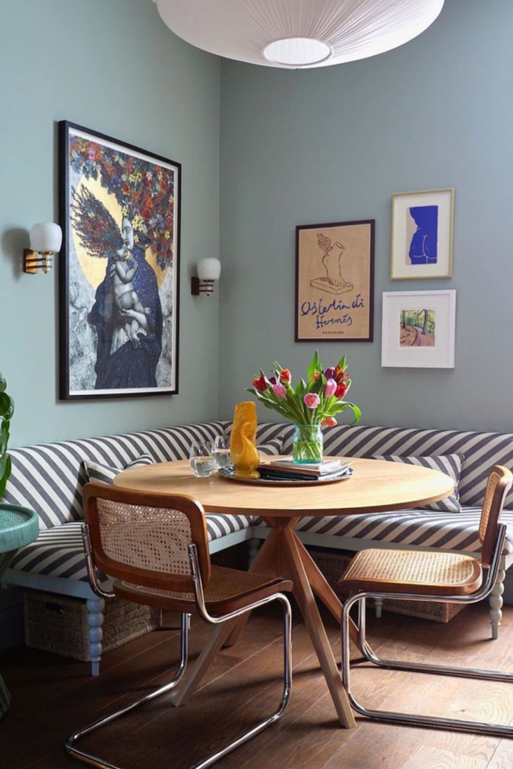 a living room filled with furniture and pictures on the wall above it's coffee table