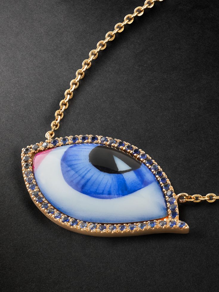 Lito's surrealist pieces are entirely handcrafted at its atelier in the heart of Athens. This 'Grand Bleu' necklace is cast from polished gold and strung with an enamelled eye that's framed with brilliant-cut blackened diamonds and sapphires. Mens Diamond Necklace, Blue Sapphire Jewelry, Jasper Necklace, Enamel Necklaces, Latest Jewellery, Agate Necklace, Gold Enamel, Green Necklace, Sapphire Jewelry