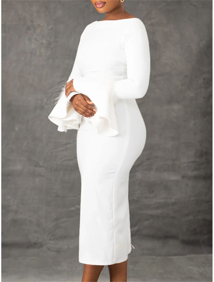 White Dress Party Dress Feather Dress Crew Neck Long Sleeve Midi Dress – Koutun Dress Elegant Sheath Bodycon Winter Dress, Elegant Winter Sheath Bodycon Dress, Elegant Bodycon Solid Color Maxi Dress, Elegant Solid Color Winter Bodycon Dress, White Solid Color Evening Dress, Elegant Maxi Dress For Club, Winter Dinner Midi Dress, Elegant Long Sleeve Midi Dress For Club, Elegant Midi-length Club Dresses