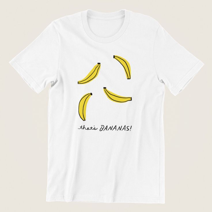 "\"That's Bananas! Statement Illustration Graphic T-Shirt, Unisex (White) Designed and Printed in California. This heavy cotton tee has the classic cotton look and feel. Casual elegance will make it an instant favorite in everyone's wardrobe. .: Classic fit .: 100% Cotton (fibre content may vary for different colors) .: Light fabric (5.3 oz/yd² (180 g/m .: Tear away label .: Runs true to size" Funny Front Print T-shirt For Streetwear, Funny Streetwear T-shirt With Front Print, Graphic Tee With Front Print In Ring-spun Cotton, Casual T-shirt With Funny Print For Streetwear, Funny Graphic Design T-shirt With Relaxed Fit, Funny Graphic T-shirt With Relaxed Fit, Summer Pop Culture Letter Print Shirt, Summer Pop Culture Shirt With Letter Print, Fun Cotton T-shirt With Graphic Design