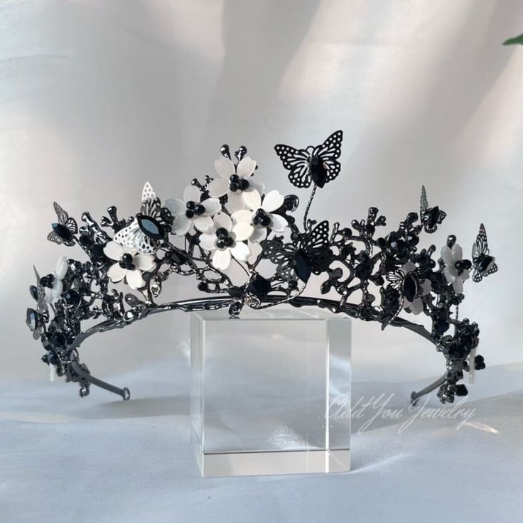 This Stunning Tiara Is Crafted From Tarnish Resistant Zinc Alloy And Intricately Decorated With Crystals To Create An Elegant Look Ideal For Any Special Occasion, Including Weddings, Quinceaeras, Birthdays, Pageants And More. Delight The Queen Of Your World And Tell Them They're Your One And Only! **Wearing Your Crown Or Tiara** Most Pieces Are Adjustable By Carefully Bending And Separating The Ends To Desired Fit. Loops Are Featured In The Design For Securing To Hair With Bobby Pins Or Clips ** Gothic Bridal Tiara, Botanical Noir Crown, Wedding Crown Goth, Black Headpiece Bridal, Bridal Tiara Gold, Black Butterfly Accessories, Black Crown Aesthetic, Black And White Quince, Black Wedding Crown