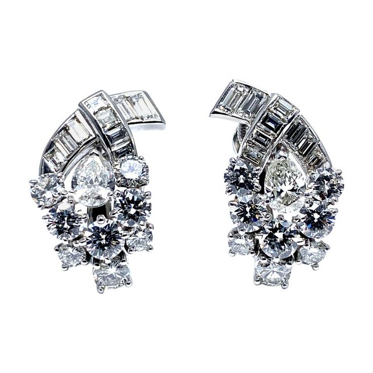 Platinum Pear-shaped Diamond Earrings For Formal Occasions, Formal Platinum Diamond Earrings Baguette Cut, Formal Baguette Cut Platinum Diamond Earrings, Classic Brilliant Cut Clip-on Earrings For Formal Events, Classic Brilliant Cut Clip-on Earrings For Formal Occasions, Classic Formal Clip-on Earrings With Brilliant Cut, Classic Formal Brilliant Cut Clip-on Earrings, Pear Shapes, Platinum Earrings