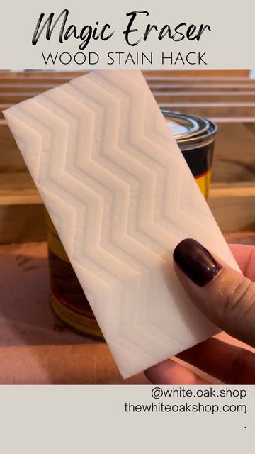 a person holding up a piece of wax in their hand with the words magic eraser wood stain hack on it