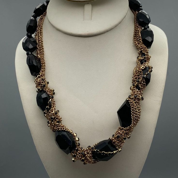 "Fabulous Multi Strand Twist Necklace, Whimsigoth Vintage Messy Mix of Black Beads Gold Chains and Channel Crystals, Statement Runway Couture Measurement * 18\" with 2\" extender unsigned Condition * Excellent condition. Gently used." Adjustable Round Beads Chain Necklace For Party, Party Necklace With Adjustable Chain And Round Beads, Party Necklaces With Adjustable Chain And Round Beads, Party Chain Necklace With Adjustable Chain And Round Beads, Long Beaded Necklace With Chain For Party, Bohemian Beaded Chain Jewelry For Evening, Metal Beaded Necklace With Black Beads For Party, Party Multi-strand Beaded Necklace With Adjustable Chain, Evening Costume Jewelry Necklace With Faceted Beads