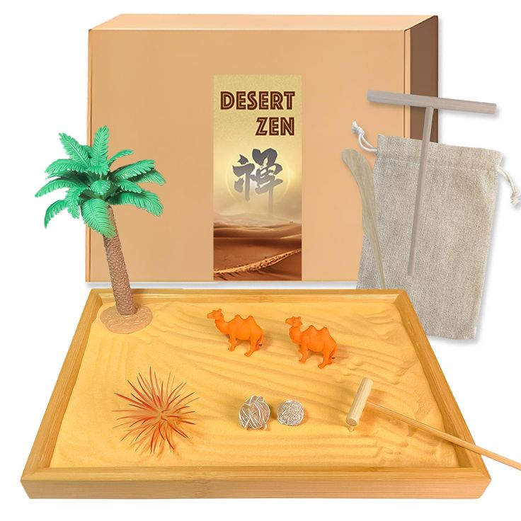 a wooden tray with various items on it and a palm tree in the middle next to it