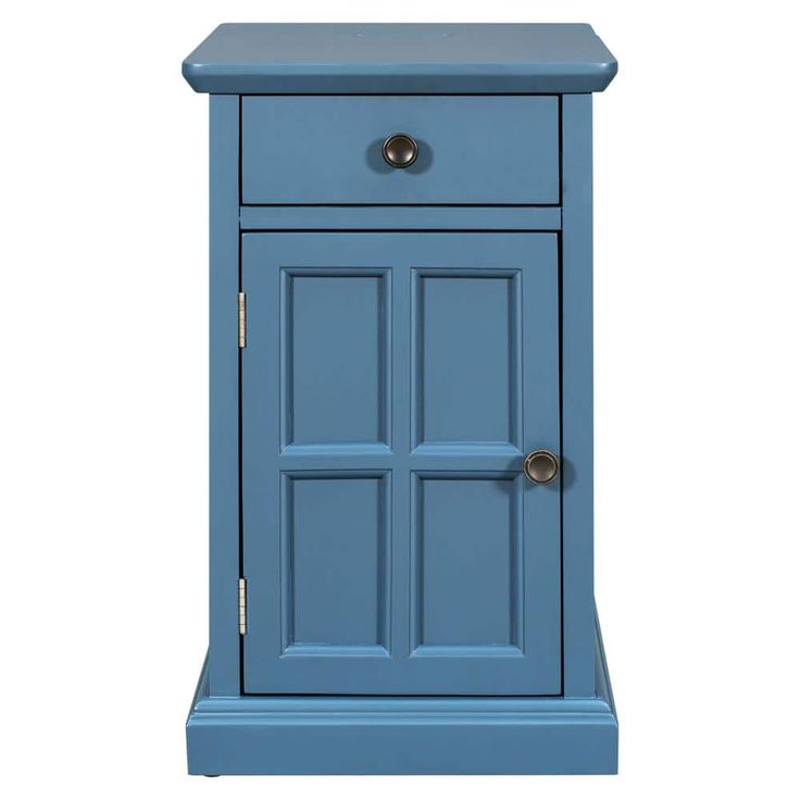 a small blue cabinet with two doors on the front and one door open to reveal a drawer