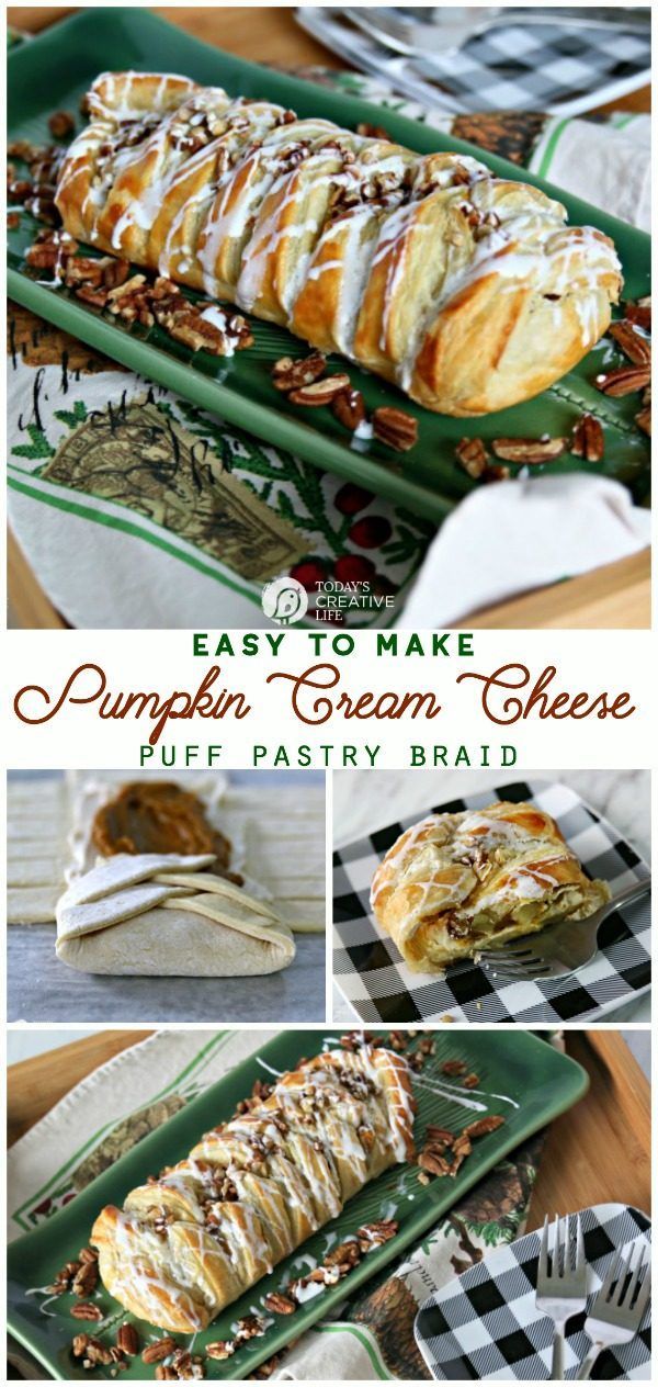 an easy to make pumpkin cream cheese puff pastry is shown on a green platter