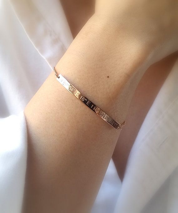 Beautiful sleek 14k rose gold fill coordinates bracelet. Personalize your gold bar bracelet with gorgeous diamond engraved coordinates. (finally someone makes bracelets for small < 6 inch wrists!!) Elegant Rose Gold Name Bracelet For Friendship, Elegant Rose Gold Friendship Bracelet, Dainty Engraved Rose Gold Name Bracelet, Dainty Rose Gold Name Bracelets, Minimalist Engraved Rose Gold Name Bracelet, Engraved Rose Gold Bracelets For Everyday, Dainty Rose Gold Name Bracelet With Jubilee Style, Dainty Rose Gold Name Bracelet With Jubilee Detail, Everyday Engraved Rose Gold Bracelets