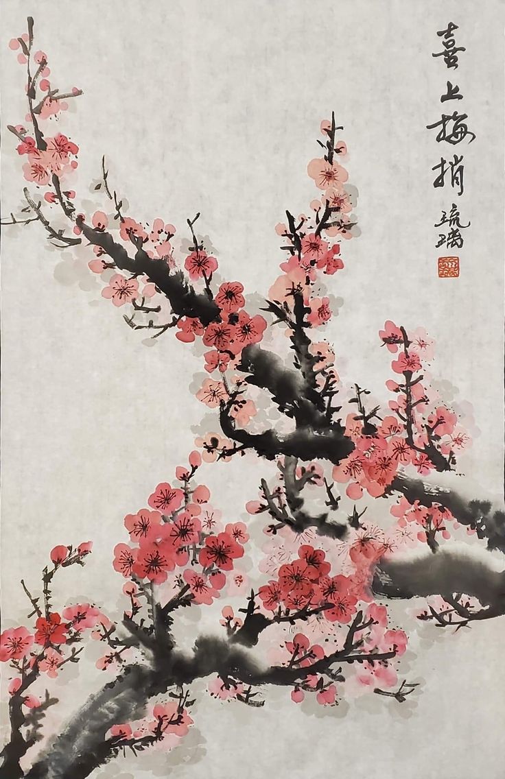 Cherry Blossom Chinese Painting, Traditional Japanese Cherry Blossom Art, Japanese Cherry Blossom Tree Drawing, Japanese Flower Wallpaper, Korean Art Aesthetic, Japanese Painting Traditional, Japanese Art Cherry Blossom, Japanese Blossom Tree, Japanese Traditional Painting