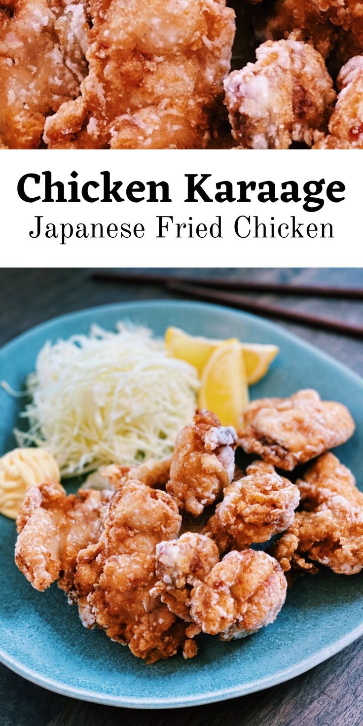 chicken karaage japanese fried chicken on a blue plate