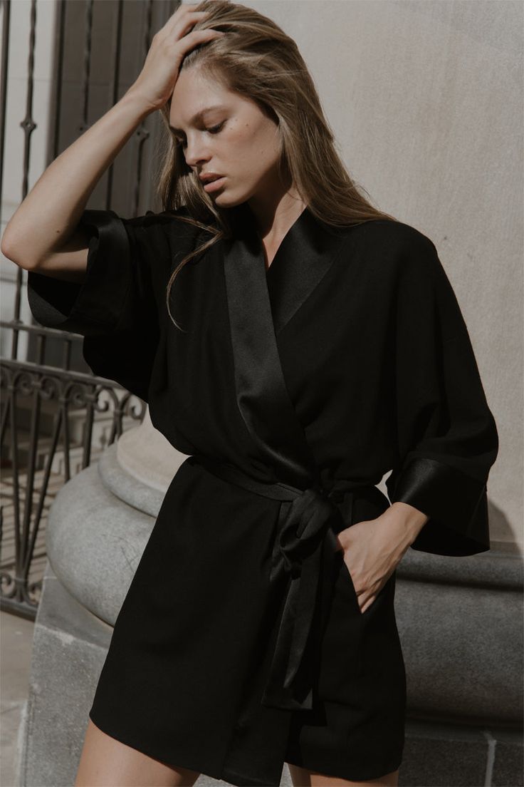 Jodi mini dress in black wool crepe with kimono collar and sleeve cuffs in silk satin Mini Kimono Dress, Black Kimono Dress, Kimono Collar, Kimono Mini Dress, Kimono Wrap Dress, Barbie Dress Fashion, Wool Crepe, Black Kimono, Satin Kimono