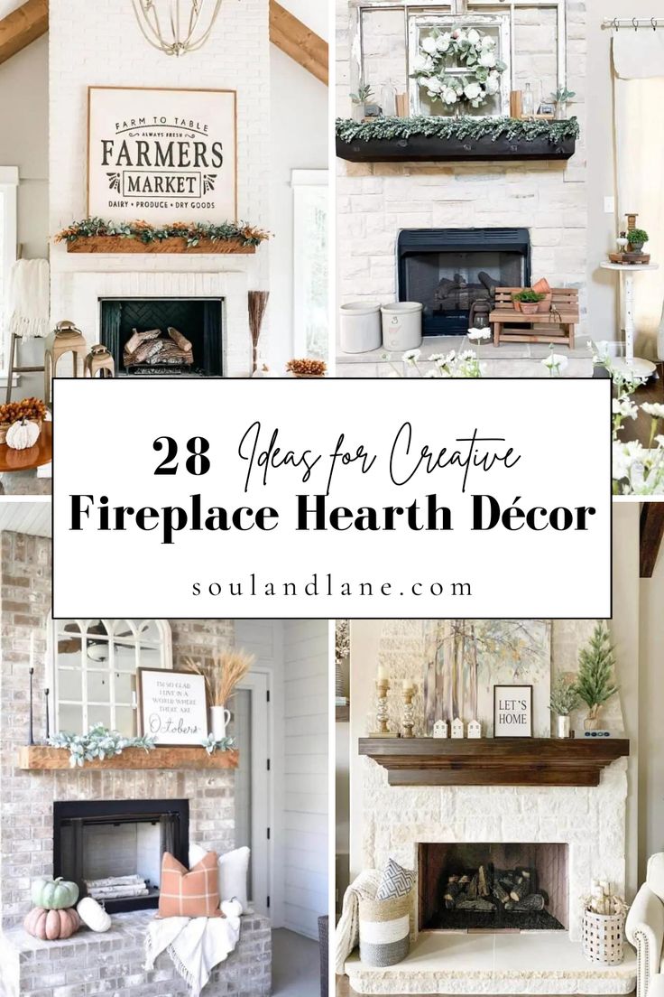 the fireplace is decorated in white and has pictures above it that says 28 ways for creative fireplace hearth decor