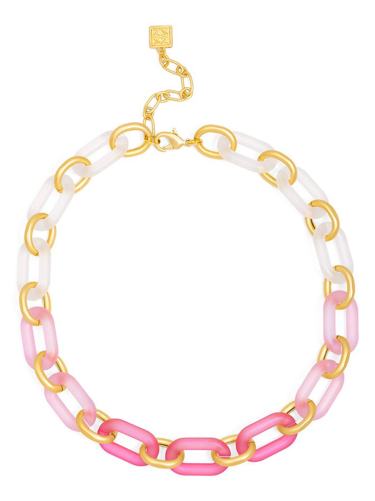 Weekend getaways were made for our girl, Candace. With iridescent colors and a classic link style, wear her for any adventure. -Length 18" -Extension 3" -Lobster Claw -Triple-Plated -Hypoallergenic -0.213 Lbs Trendy Pink Chain Link Necklace, Pink Chunky Chain Link Jewelry, Pink Chunky Link Chain Jewelry, Trendy Pink Link Jewelry, Trendy Pink Necklace With Chunky Chain, Pink Chunky Chain Necklace, Trendy Pink Plastic Necklaces, Trendy Pink Plastic Necklace, Red Blue Green