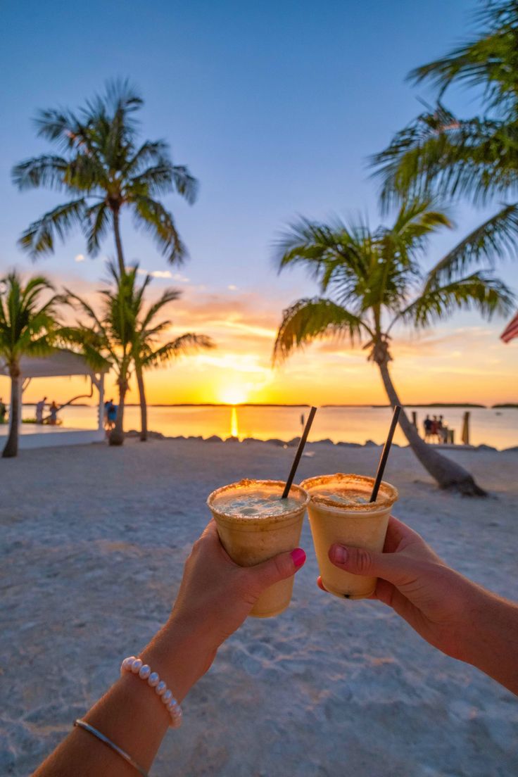 two people toasting on the beach at sunset with drinks in front of palm trees