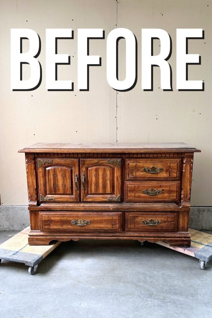 an old wooden dresser with the words before painted on it's front and side