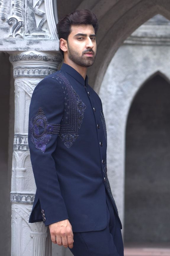 Blue full sleeves bandhgala with Shamiyana bahar embroidery. Paired with a trouser. - Aza Fashions Trouser For Men, Trouser Pattern, Full Sleeves, Mandarin Collar, Aza Fashion, Full Sleeve, Types Of Sleeves, Trousers, For Men