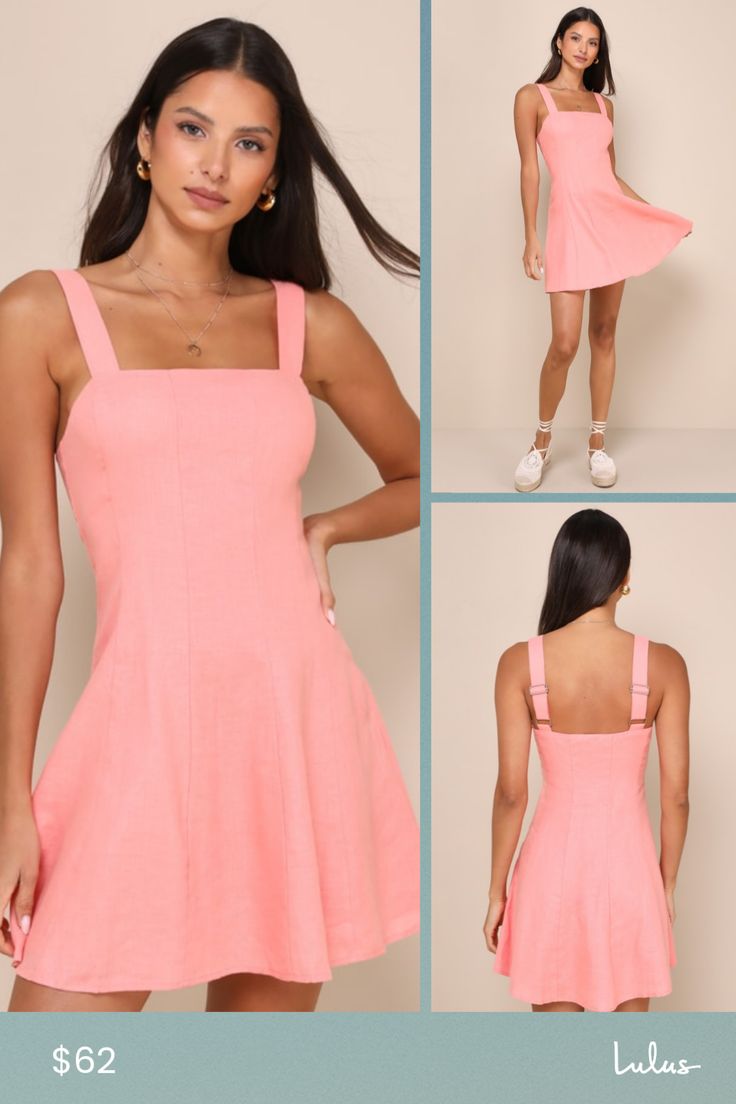 We're dreaming of wearing the Lulus Undoubtedly Sweet Coral Pink Linen Sleeveless Mini Dress during endless sunny days! Lightweight, linen-blend fabric shapes this perfect summer dress with wide adjustable straps and a flattering straight neckline. The fit-and-flare silhouette boasts seaming details through the A-line skirt that finishes with a cute mini hem. Hidden back zipper/clasp. Fit: This garment fits true to size. Length: Mid-thigh. Size medium Bust: Great for any cup size. Waist: Fitted Summer A-line Mini Dress With Tie Straps, Summer A-line Sundress With Adjustable Straps, Spring Day Out Linen Dress With Square Neck, Summer A-line Sundress With Straps, Summer Sleeveless Dress With Adjustable Straps, Summer Square Neck Linen Dress For Day Out, Spring Linen Dress With Square Neck For Day Out, Casual A-line Mini Dress With Adjustable Straps, Summer Sleeveless Dress With Adjustable Straps For Vacation