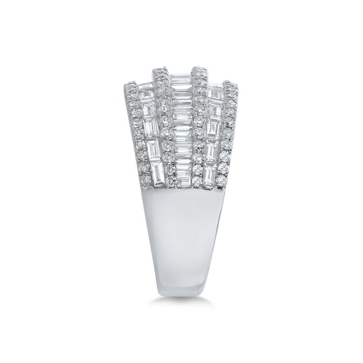 This is an exquisite diamond baguette ring stamped in 14K White Gold. Featuring 92 round brilliant diamonds and 48 baguette shape diamonds (G-H Color, SI Clarity) that weigh a total of 1.90 carats. This is part of Amy's Diamond Baguette Collection. Details: ►Metal: White Gold ►Gold Purity: 14K ►Diamond Shape: Round and Baguette ►Baguette Diamond Weight: 1.25 carat ►Round Diamond Weight: 0.65 carat ►Diamond Clarity & Grade: G-H Color & SI1 Clarity ►Total Item Weight: 5.61 grams ►Style # N Diamond White Diamond Ring With Baguette Diamonds, Diamond White Baguette Diamond Ring, Dazzling White Gold Diamond Ring With Baguette Diamonds, Fine Jewelry Diamond White Ring With Baguette Diamonds, White Gold Cubic Zirconia Ring With Baguette Diamonds, Baguette Cut Diamond Ring With Pave Setting, Diamond Ring With Baguette Cut Diamonds, Baguette Diamond Ring With Vvs Clarity, Vvs Clarity Baguette Diamond Rings