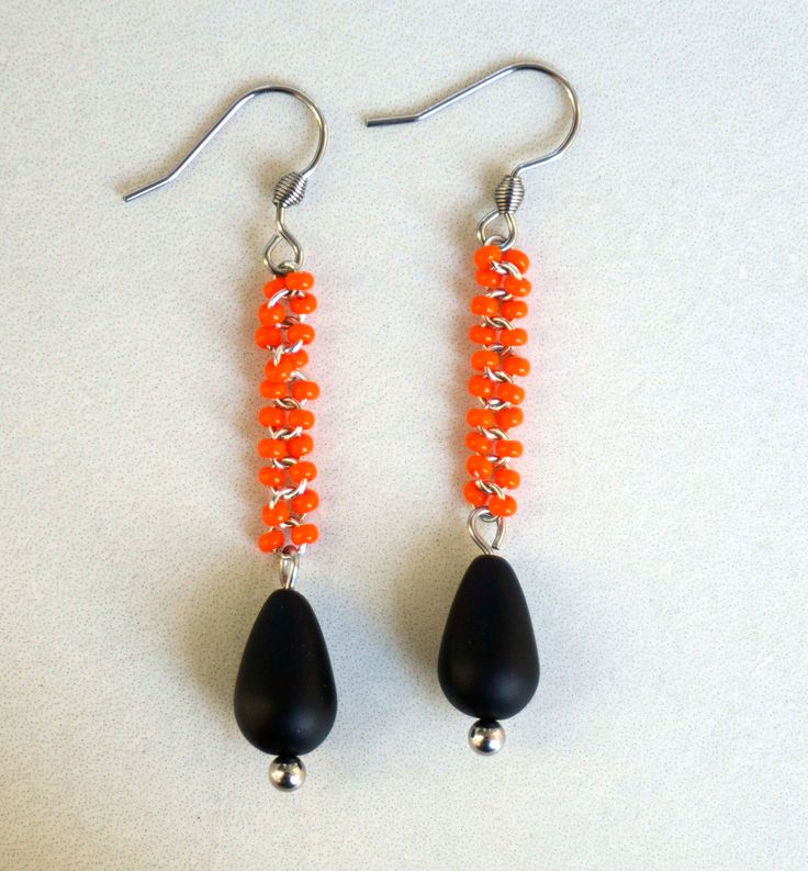 Long Orange Seed Bead Earrings With Black Glass Teardrop Simple Elegant Festival Dangles Colorful Jewelry Gift Helloween - Etsy Orange Dangle Earrings With Black Beads, Orange Dangle Jewelry With Black Beads, Orange Dangle Beaded Earrings With Black Beads, Orange And Black Beads Dangle Earrings, Orange Earrings With Black Beads For Gift, Orange Earrings With Black Beads As Gift, Nickel-free Orange Beaded Dangle Earrings, Handmade Orange Drop Jewelry, Long Bar Earrings