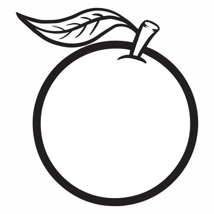 a black and white drawing of an apple with leaves on the top, in a circle