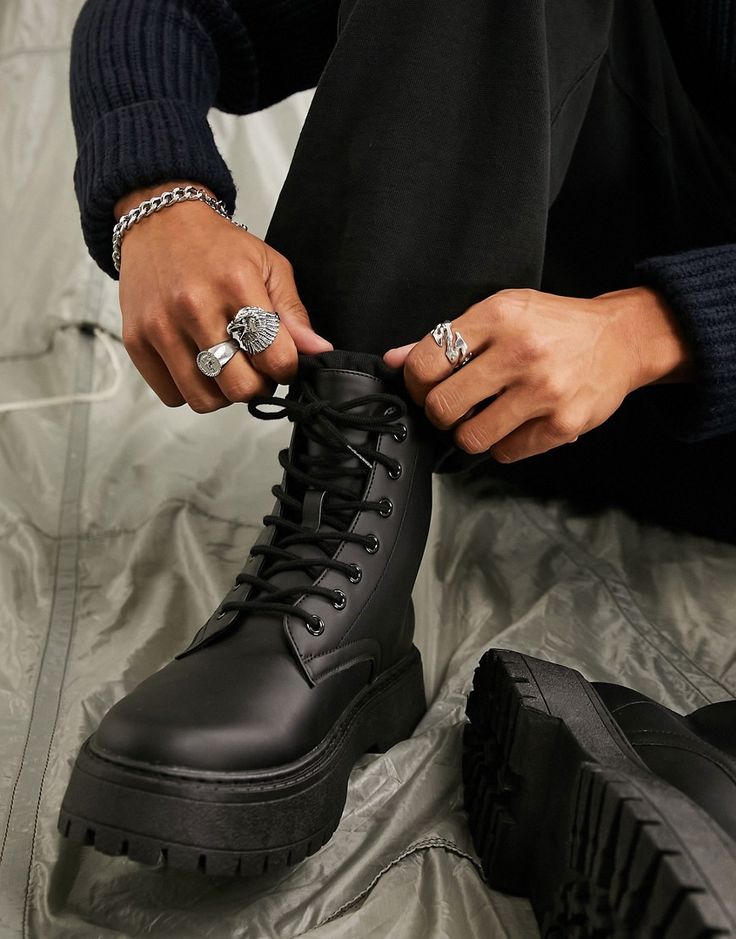 Shoes, Boots & Sneakers by ASOS DESIGN Cart-worthy find Pull tab for easy entry Lace-up fastening Round toe Chunky sole Lugged tread Lace Up Black Boots, Chunky Boots Men, Black Shoes Outfit Men, Black Leather Boots Men, Combat Boots Aesthetic, Black Army Boots, Black Shoes Outfit, Emo Boots, Boots Men Outfit