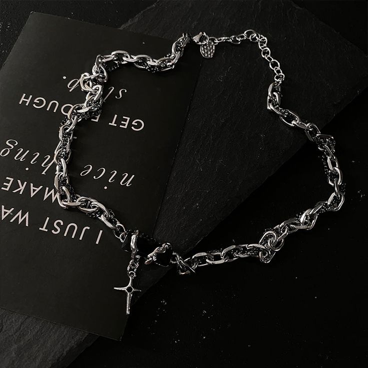 The model's height is 5' 7'' (170cm) and weighs 132 pounds (60kg) - Titanium Steel Metal Double Chain Pendant Necklace, Elegant Black Chain Link Jewelry, Elegant Black Link Jewelry, Gothic Black Necklace With Silver Chain, Black Link Necklace With Adjustable Chain, Black Link Chain Jewelry, Black Chain Link Jewelry As Gift, Black Metal Jewelry With Silver Chain, Trendy Black Link Jewelry